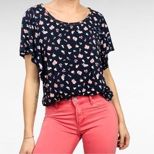 S.Oliver | Navy Blue Coral Blossoms Flutter Sleeve Bohemian Floral Print Blouse